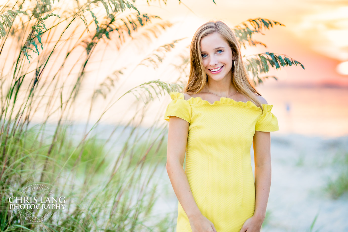 Image of Senior girl - yellow dress  - beach senior portraits - senior pictures - wilmington nc senior portrait photographers - senior portrait photography - photo ideas - chris lang photography